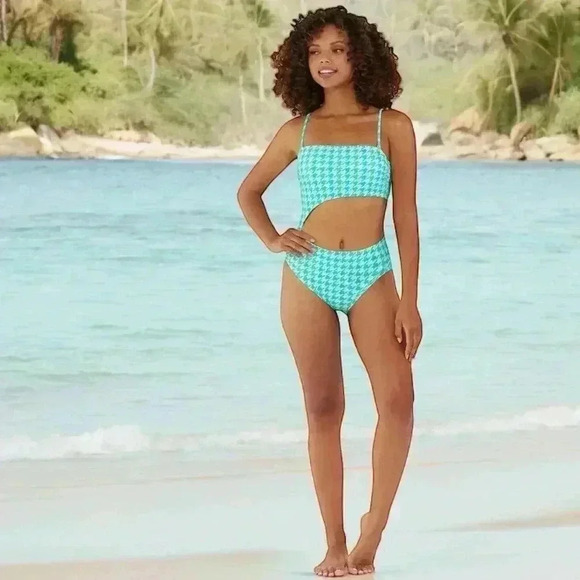 Ninety-Nine° Junior's M Bandeau Cutout One-Piece Swimsuit NEW Happy Houndstooth - Picture 2 of 5